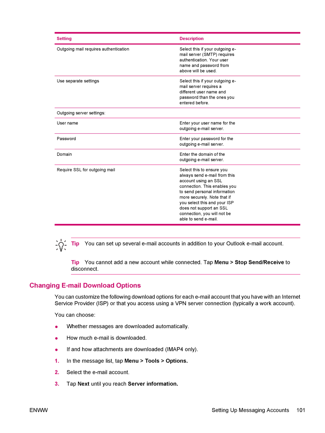 HP hw6960 manual Changing E-mail Download Options, Tap Next until you reach Server information 