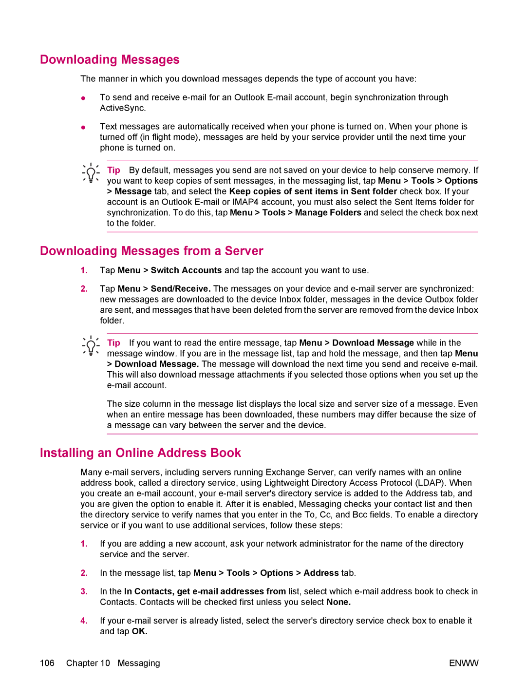 HP hw6960 manual Downloading Messages from a Server, Installing an Online Address Book 