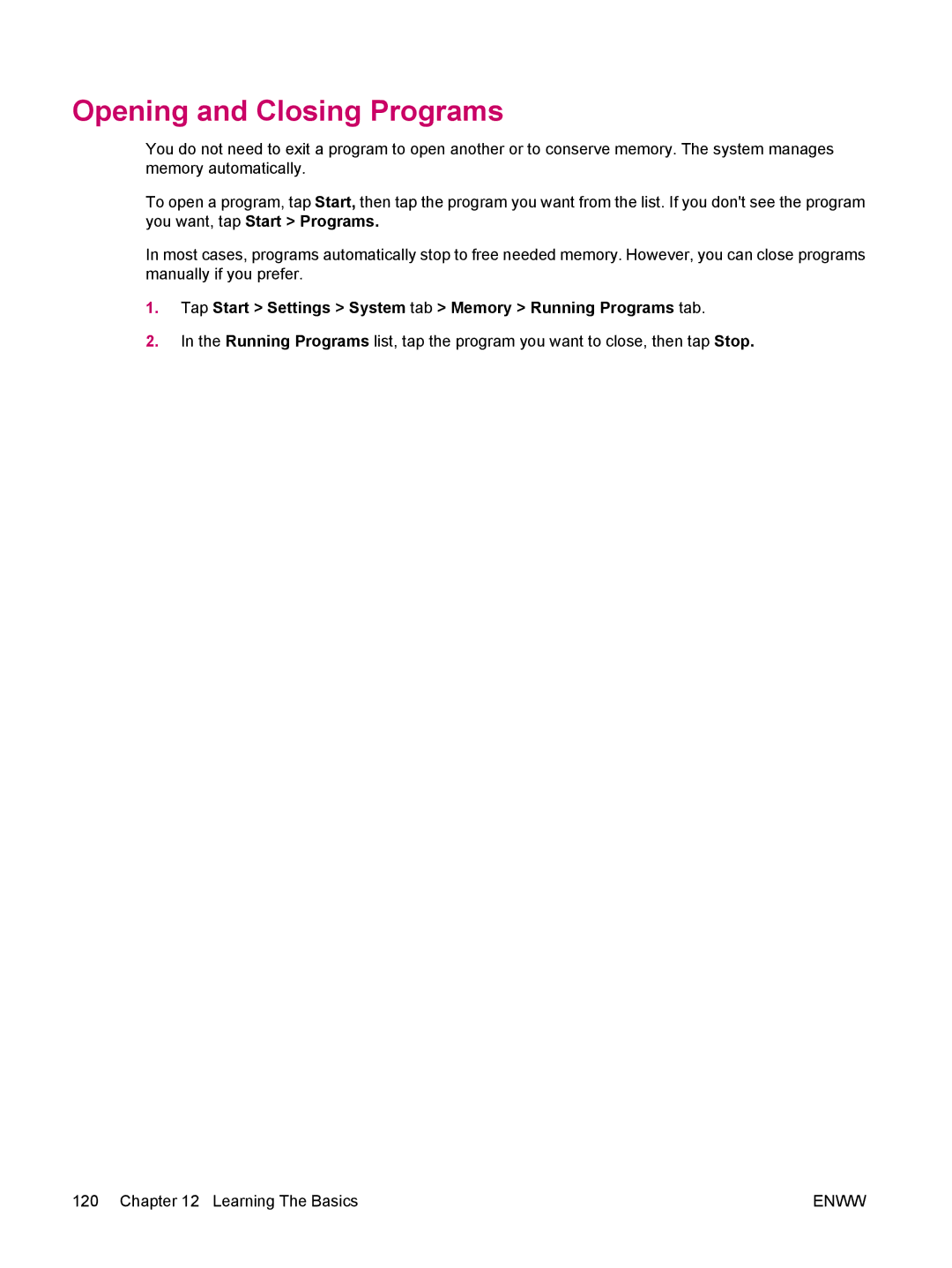 HP hw6960 manual Opening and Closing Programs, Tap Start Settings System tab Memory Running Programs tab 