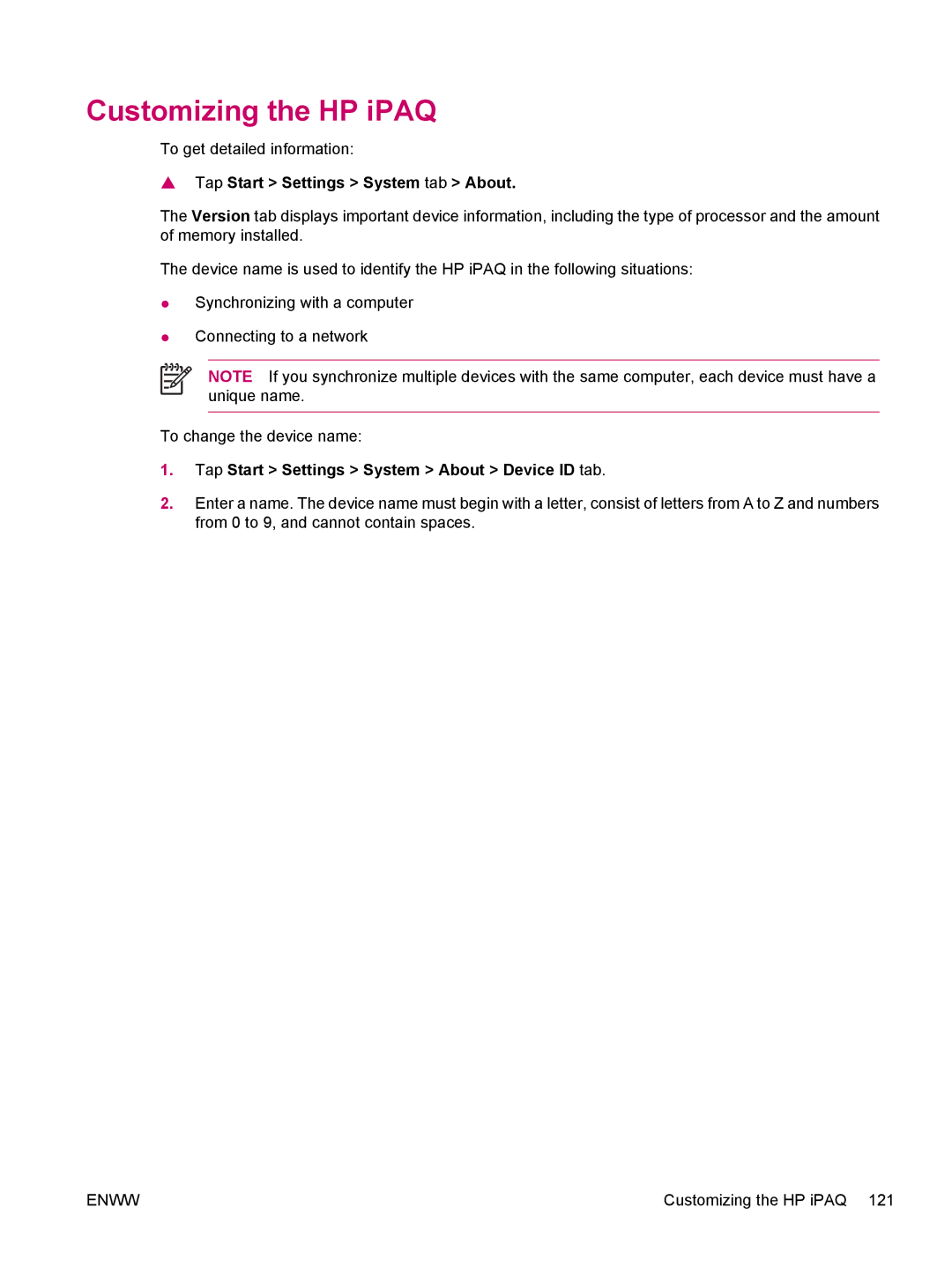 HP hw6960 manual Customizing the HP iPAQ, Tap Start Settings System About Device ID tab 