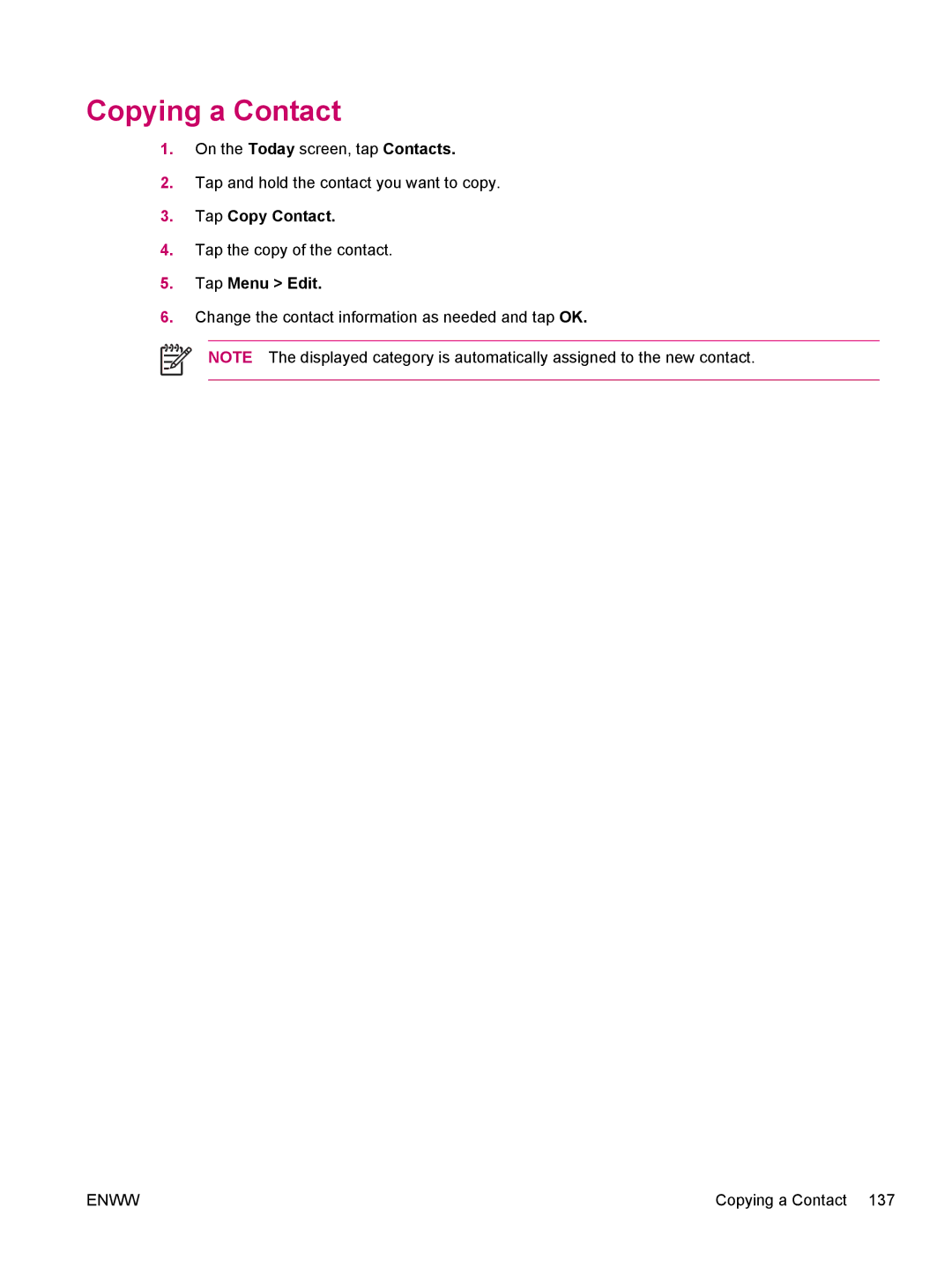 HP hw6960 manual Copying a Contact, Tap Copy Contact, Tap Menu Edit 