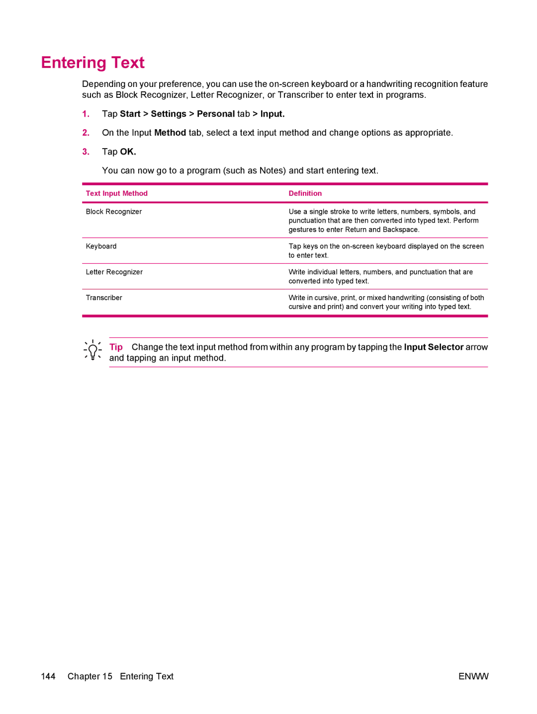 HP hw6960 manual Entering Text, Tap Start Settings Personal tab Input 