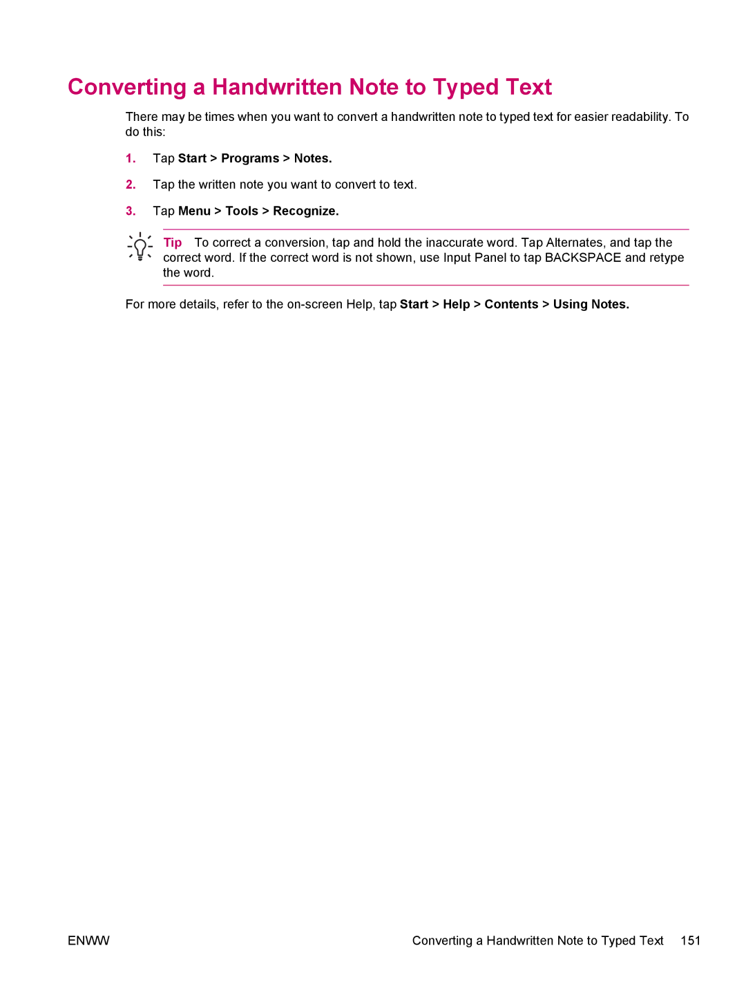 HP hw6960 manual Converting a Handwritten Note to Typed Text, Tap Menu Tools Recognize 