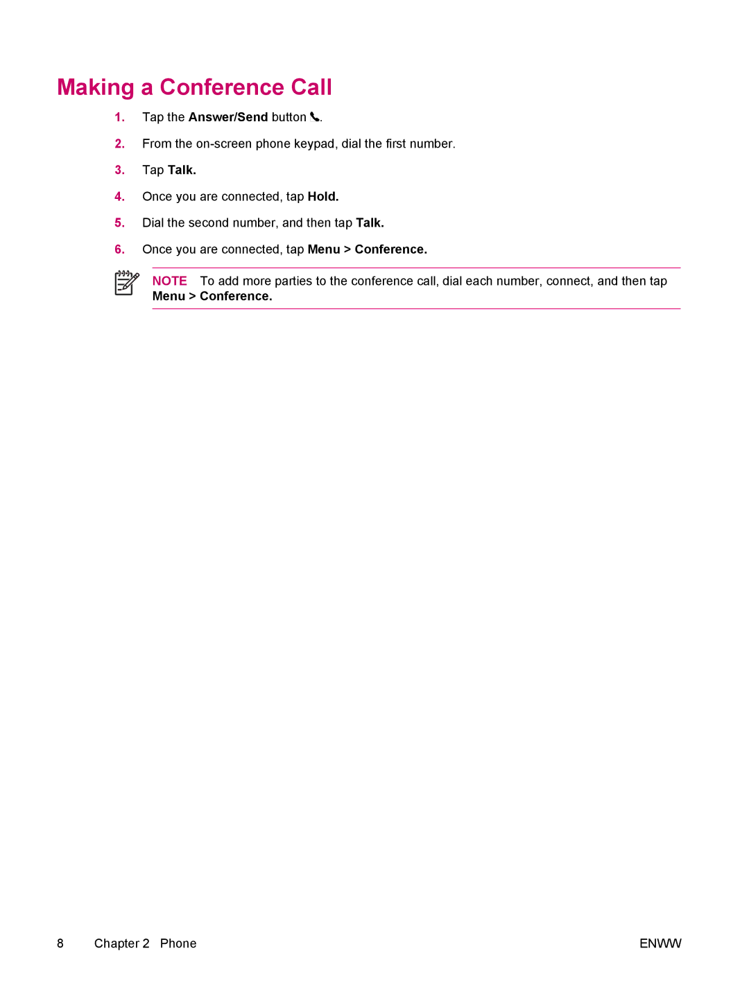 HP hw6960 manual Making a Conference Call, Tap Talk, Menu Conference 