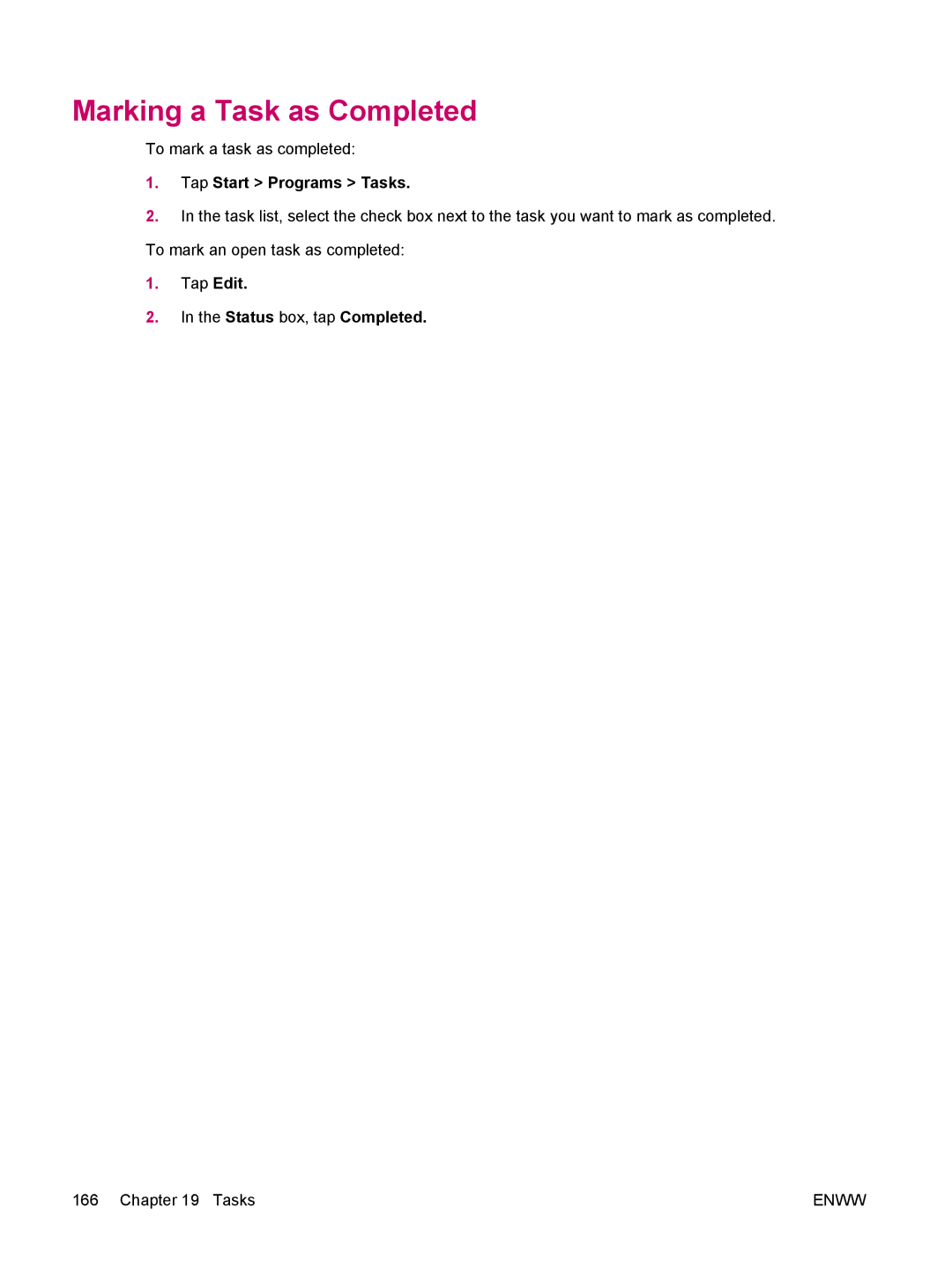 HP hw6960 manual Marking a Task as Completed, Tap Edit Status box, tap Completed 