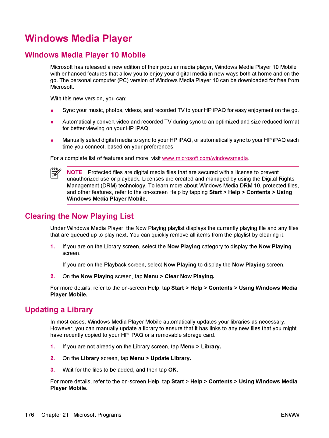 HP hw6960 manual Windows Media Player 10 Mobile, Clearing the Now Playing List, Updating a Library 