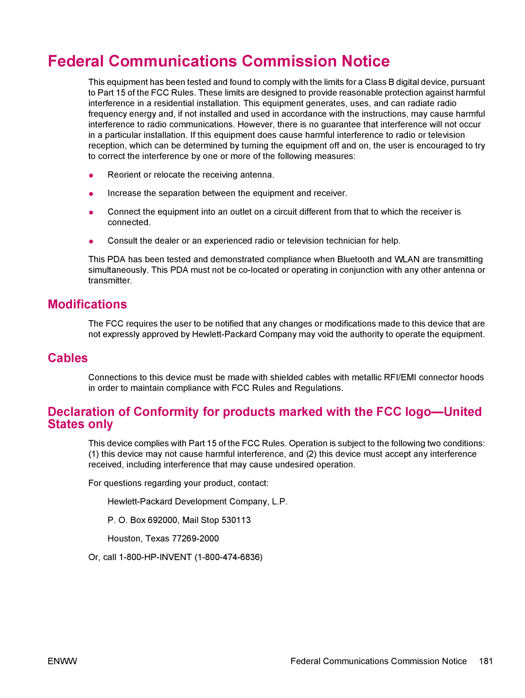 HP hw6960 manual Federal Communications Commission Notice, Modifications, Cables 