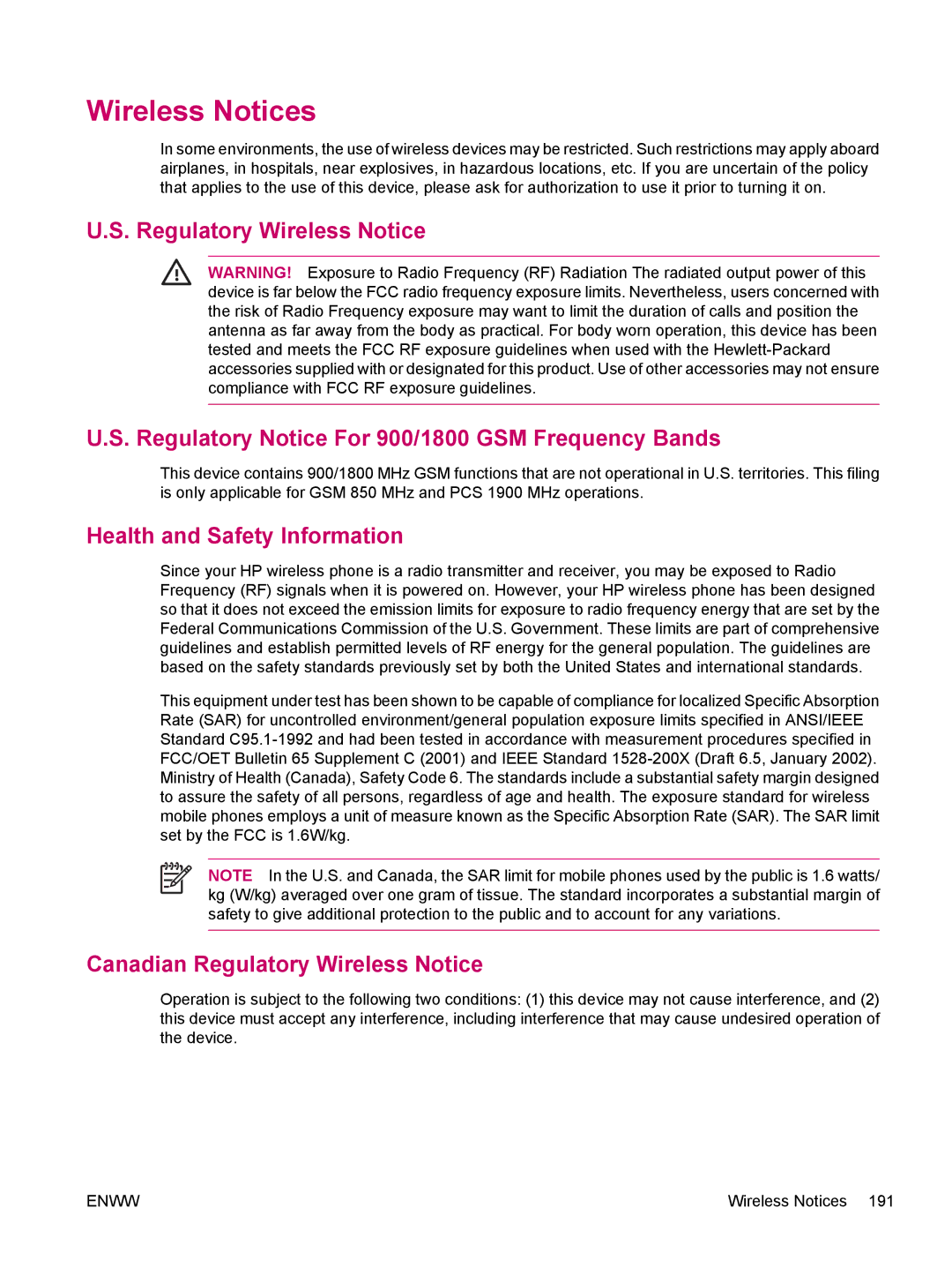 HP hw6960 manual Wireless Notices, Health and Safety Information, Canadian Regulatory Wireless Notice 