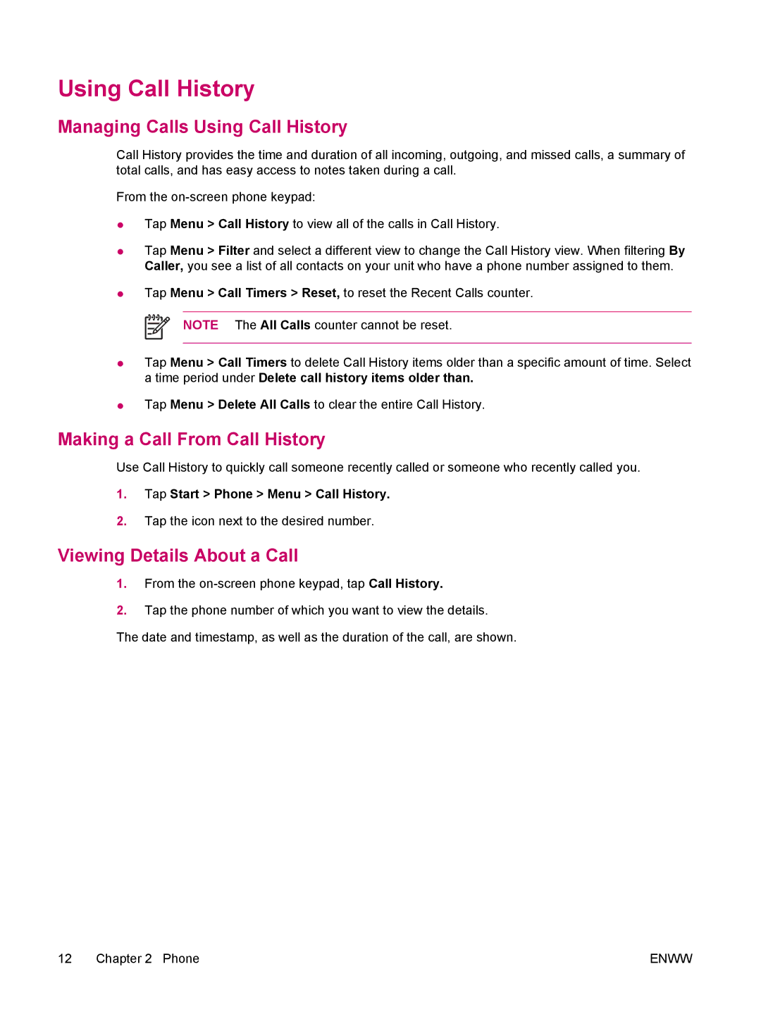 HP hw6960 manual Managing Calls Using Call History, Making a Call From Call History, Viewing Details About a Call 