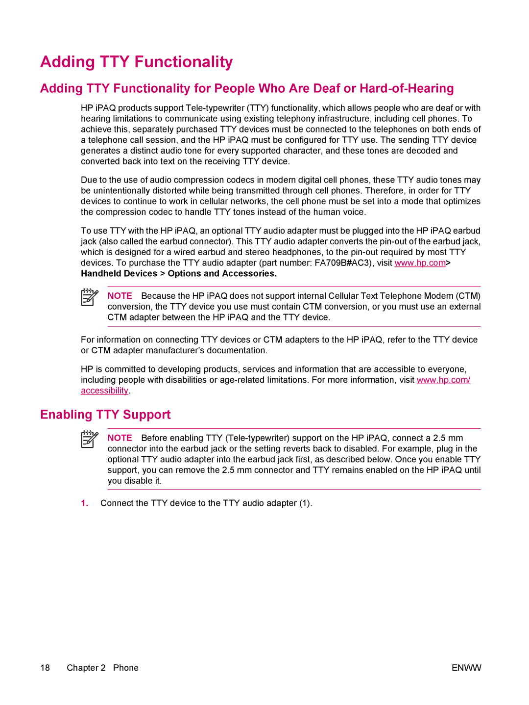 HP hw6960 manual Adding TTY Functionality, Enabling TTY Support, Handheld Devices Options and Accessories 