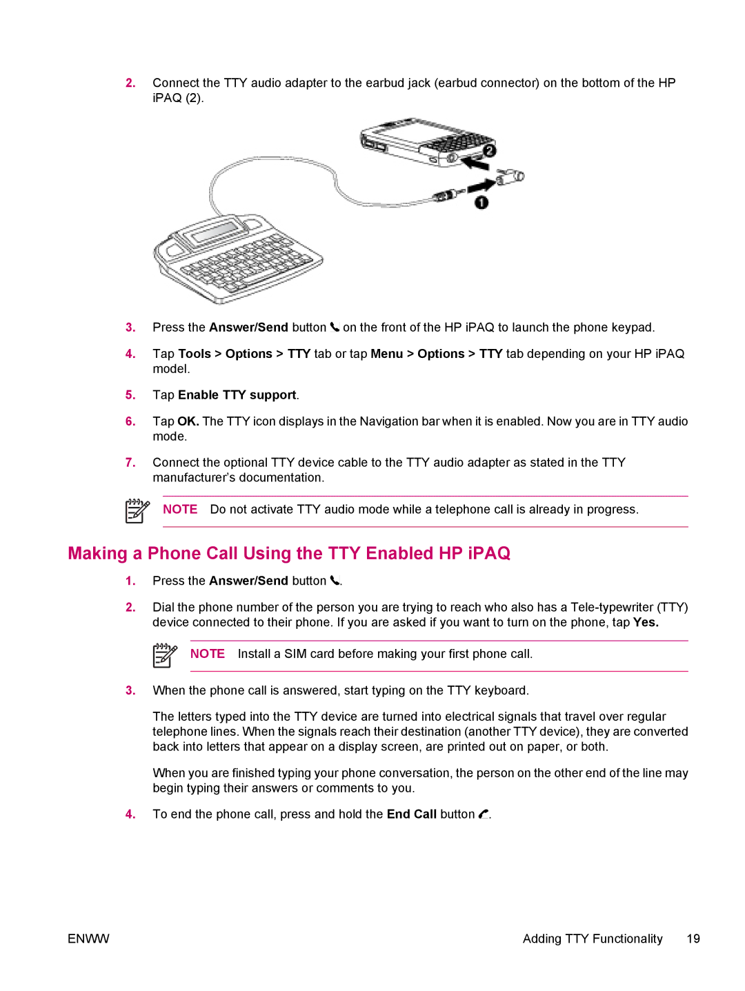 HP hw6960 manual Making a Phone Call Using the TTY Enabled HP iPAQ, Tap Enable TTY support 