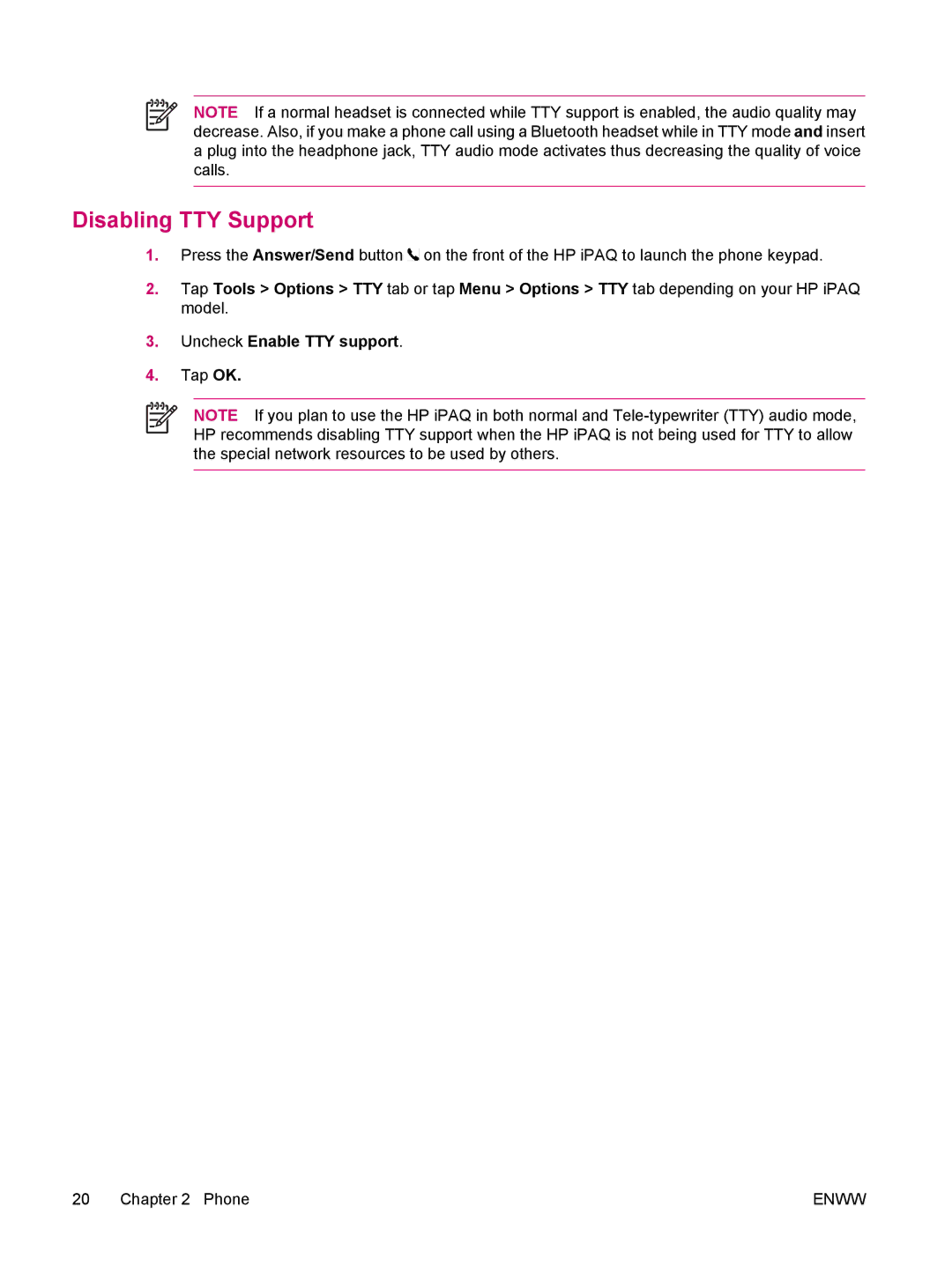 HP hw6960 manual Disabling TTY Support, Uncheck Enable TTY support 