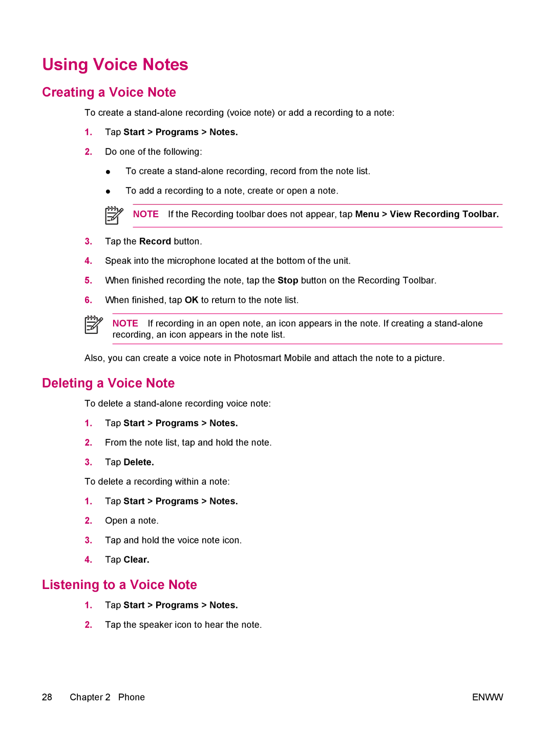 HP hw6960 manual Using Voice Notes, Creating a Voice Note, Deleting a Voice Note, Listening to a Voice Note 