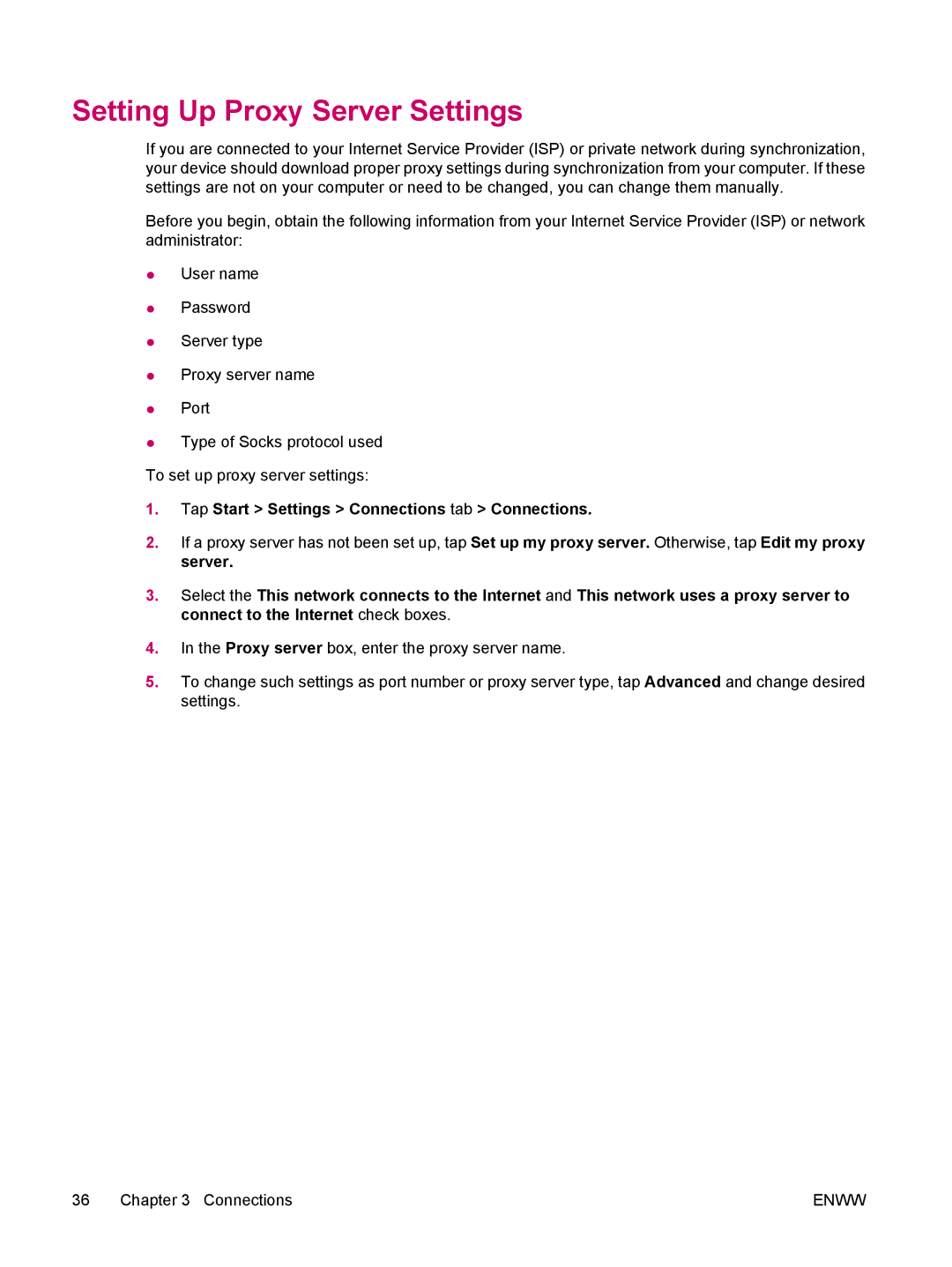 HP hw6960 manual Setting Up Proxy Server Settings, Tap Start Settings Connections tab Connections 