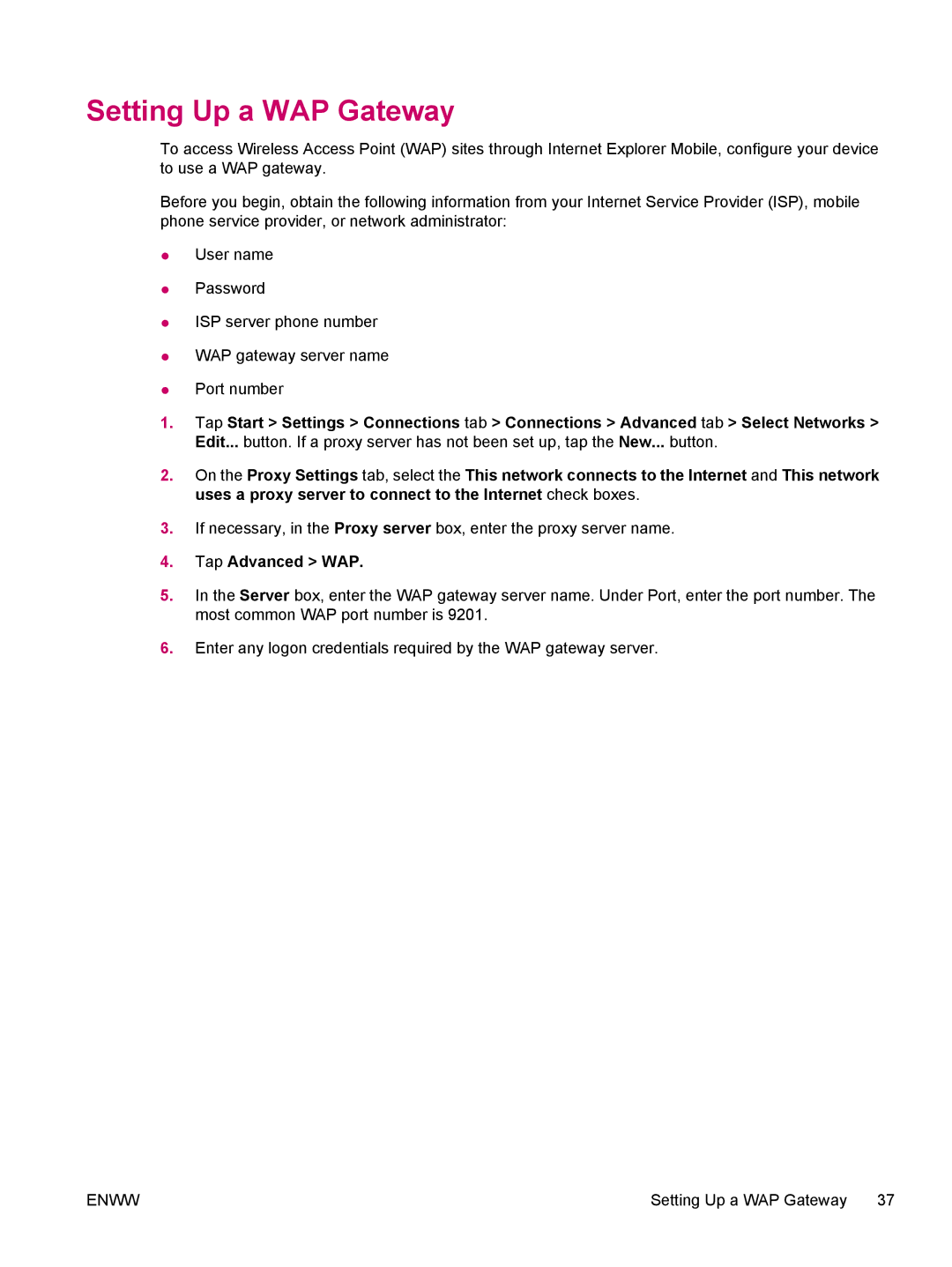 HP hw6960 manual Setting Up a WAP Gateway, Tap Advanced WAP 