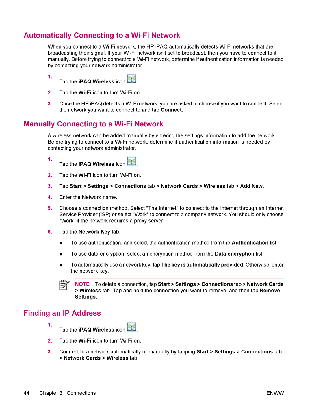 HP hw6960 manual Automatically Connecting to a Wi-Fi Network, Manually Connecting to a Wi-Fi Network, Finding an IP Address 