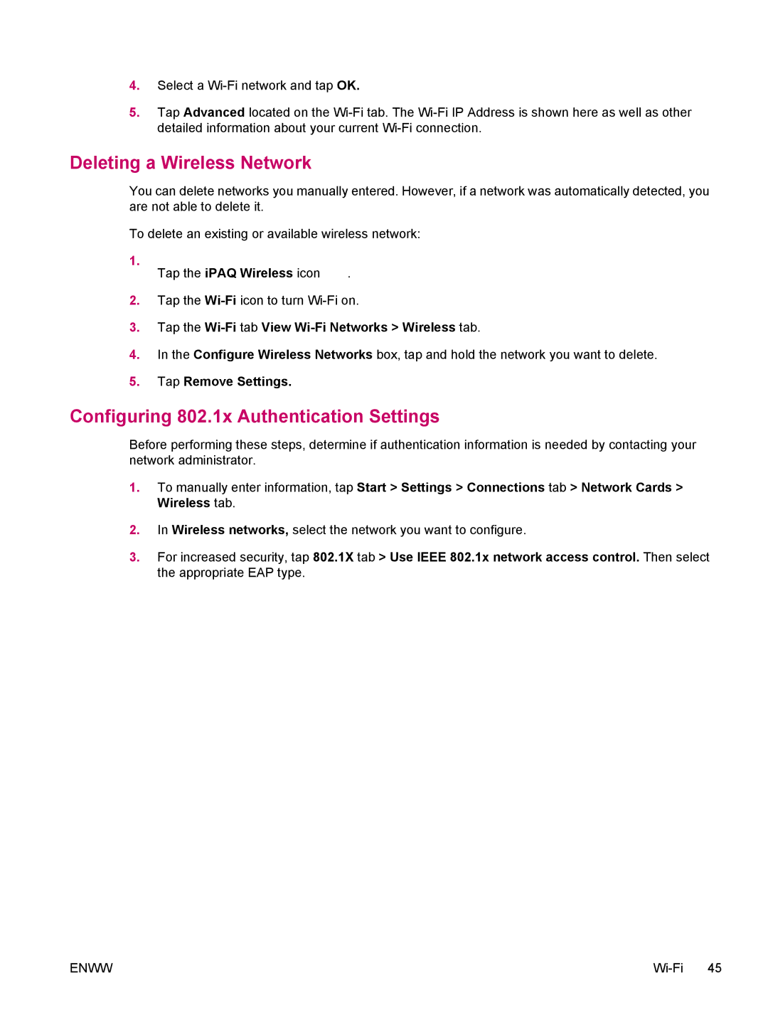 HP hw6960 manual Deleting a Wireless Network, Configuring 802.1x Authentication Settings, Tap Remove Settings 