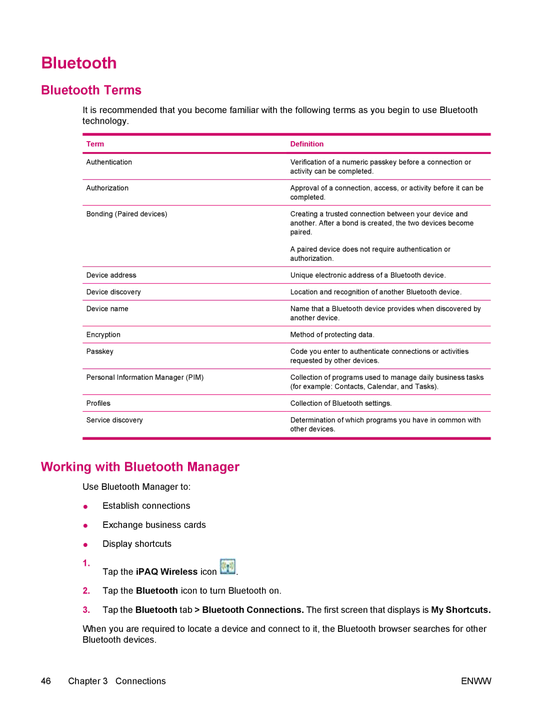 HP hw6960 manual Bluetooth Terms, Working with Bluetooth Manager 