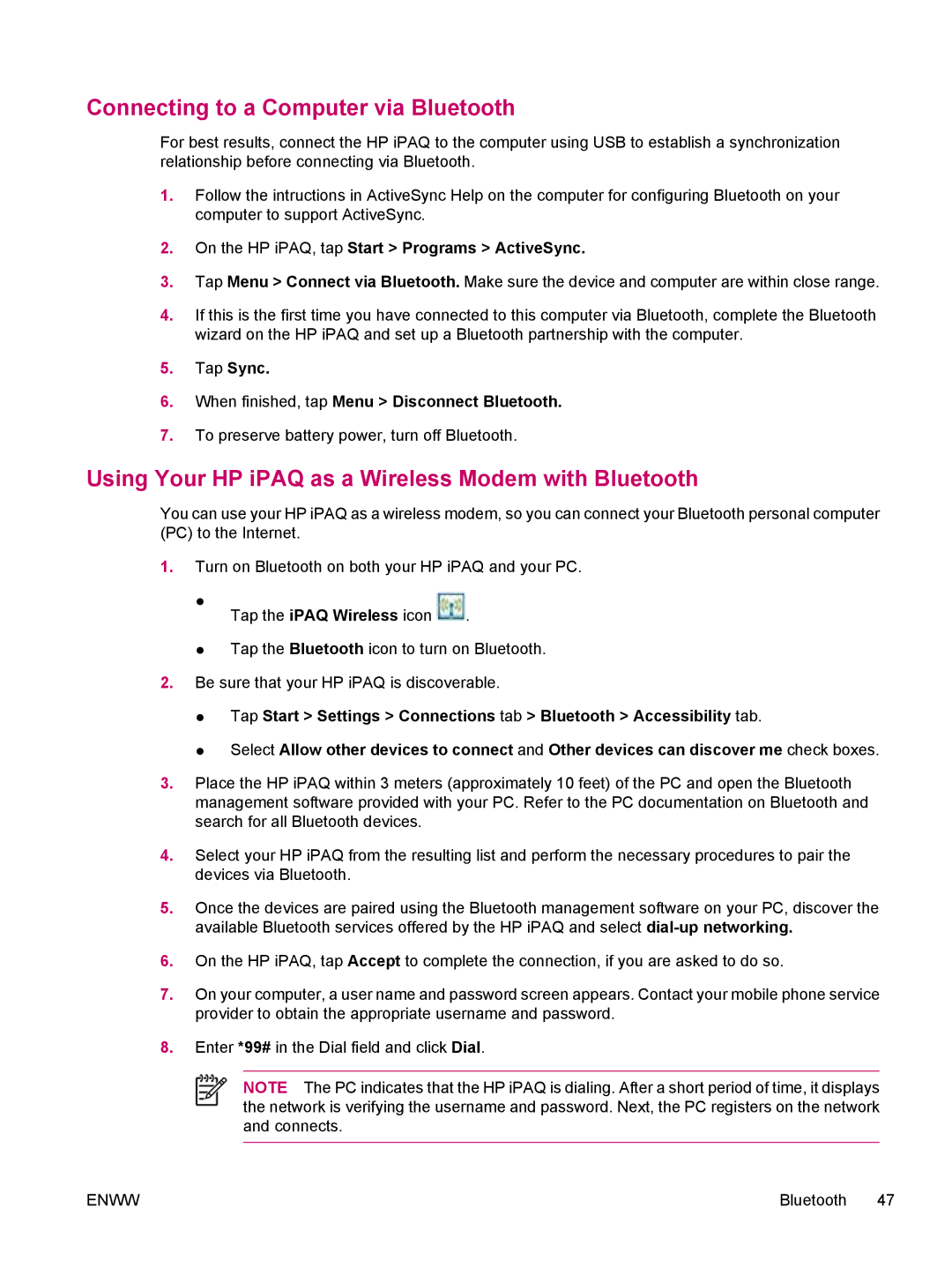 HP hw6960 manual Connecting to a Computer via Bluetooth, Using Your HP iPAQ as a Wireless Modem with Bluetooth 