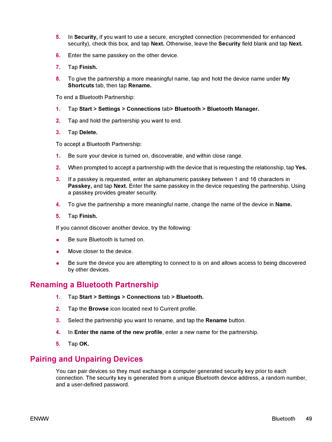 HP hw6960 manual Renaming a Bluetooth Partnership, Pairing and Unpairing Devices, Tap Finish 