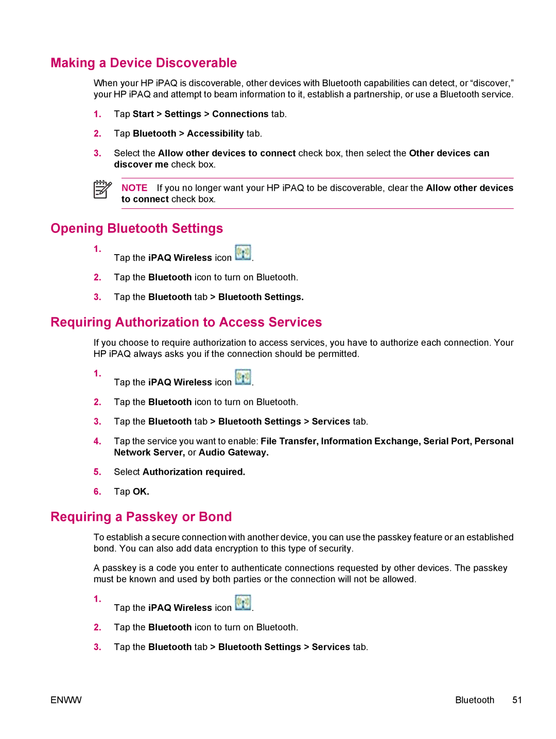 HP hw6960 manual Making a Device Discoverable, Opening Bluetooth Settings, Requiring Authorization to Access Services 
