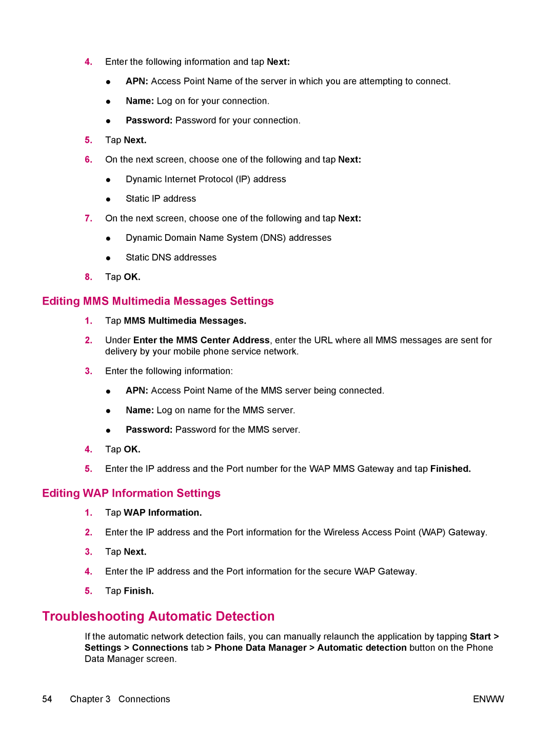 HP hw6960 manual Troubleshooting Automatic Detection, Tap Next, Tap MMS Multimedia Messages, Tap WAP Information 