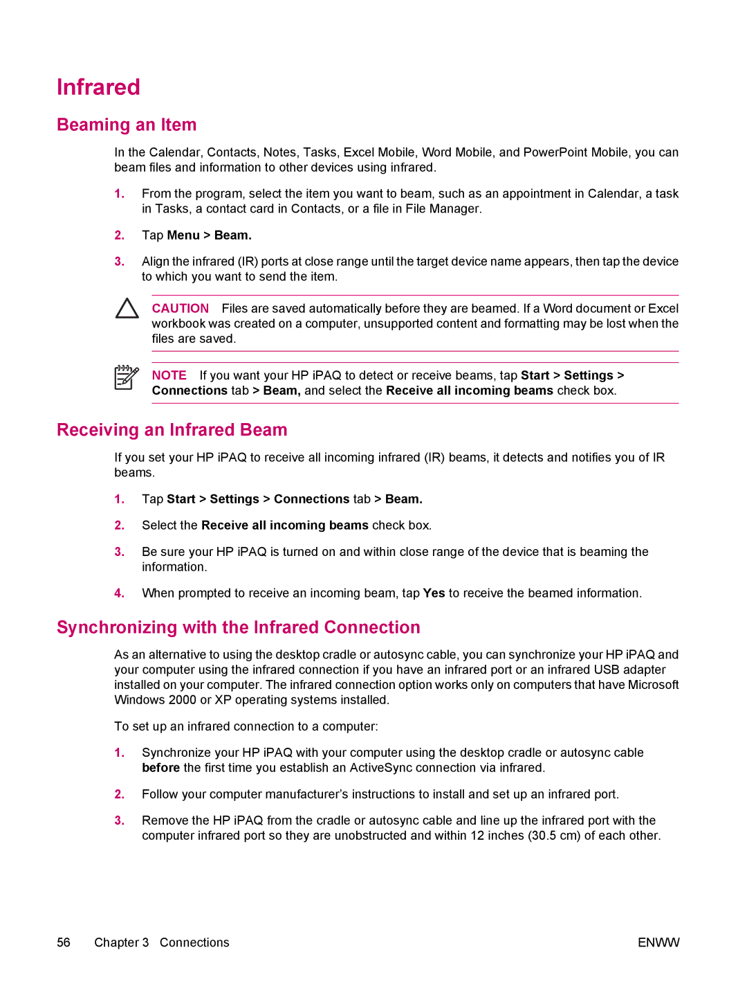 HP hw6960 manual Beaming an Item, Receiving an Infrared Beam, Synchronizing with the Infrared Connection, Tap Menu Beam 
