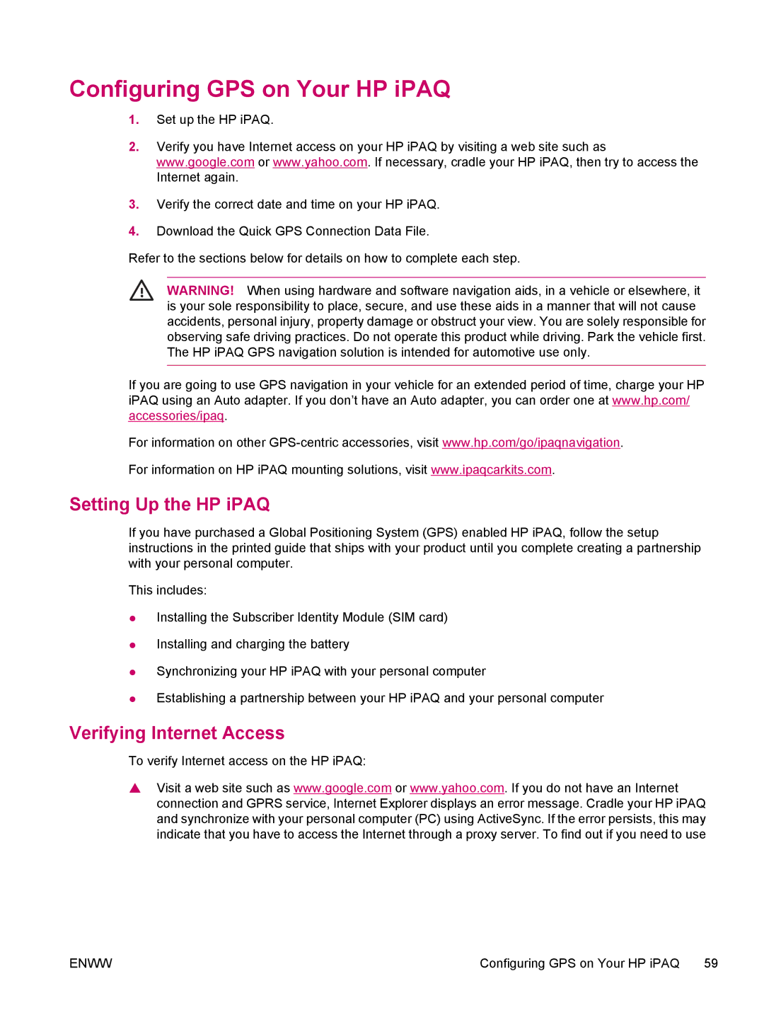 HP hw6960 manual Configuring GPS on Your HP iPAQ, Setting Up the HP iPAQ, Verifying Internet Access 