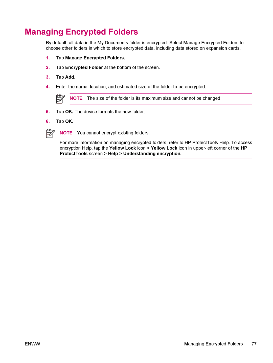 HP hw6960 manual Managing Encrypted Folders, Tap Manage Encrypted Folders 