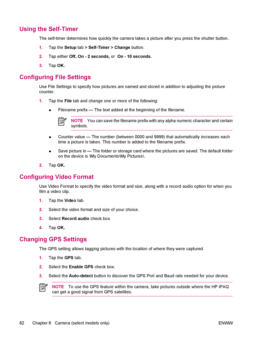 HP hw6960 manual Using the Self-Timer, Configuring File Settings, Configuring Video Format, Changing GPS Settings 