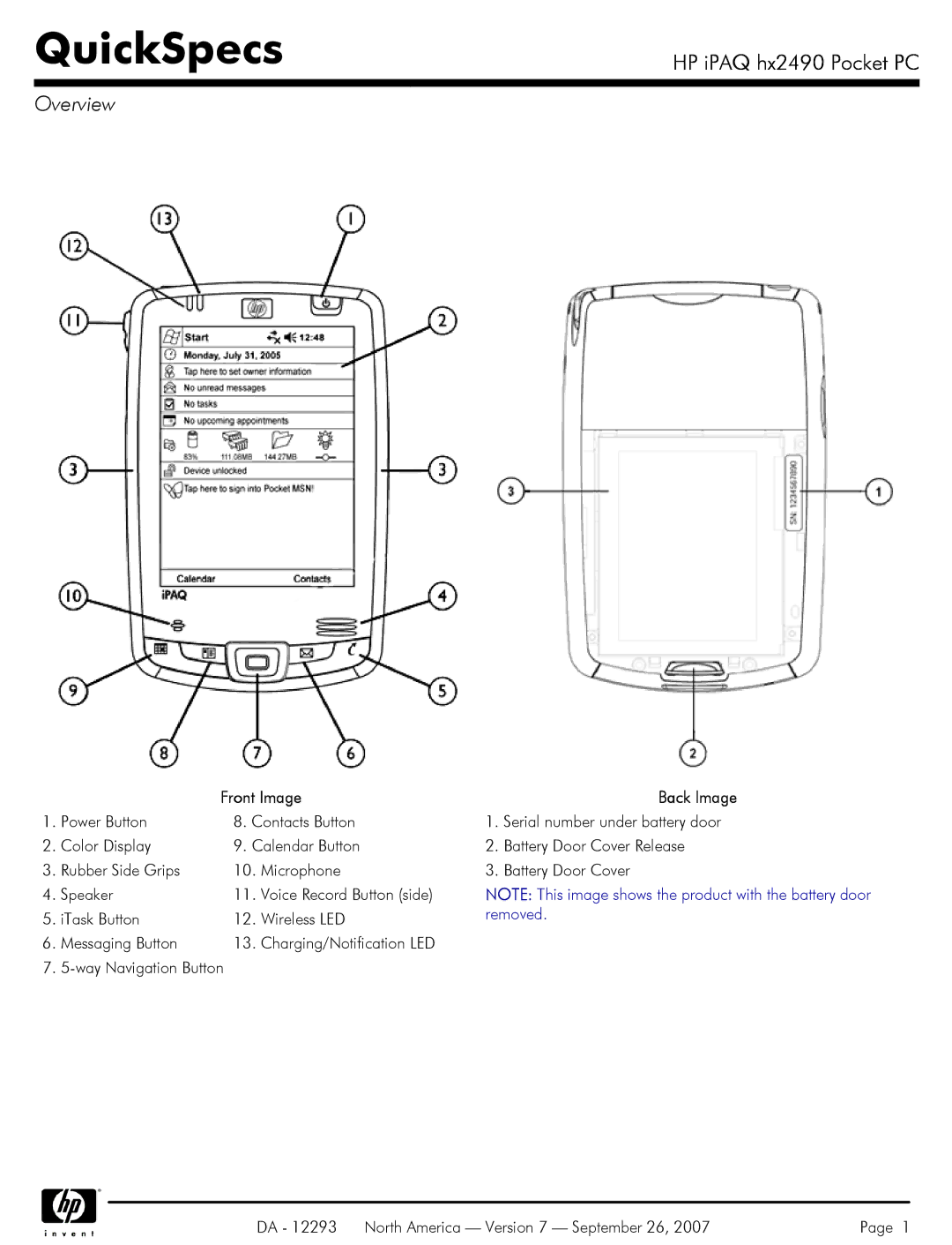 HP HX2495b, hx HX2490b manual QuickSpecs, Front Image Back Image 