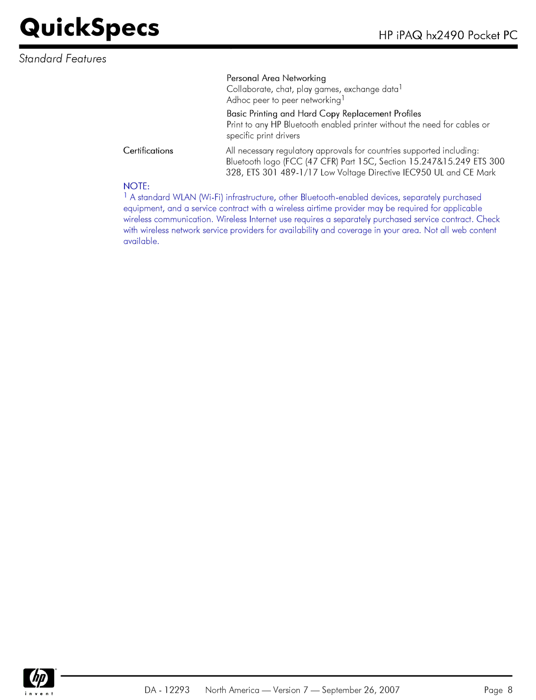 HP hx HX2490b, HX2495b manual Personal Area Networking, Basic Printing and Hard Copy Replacement Profiles 