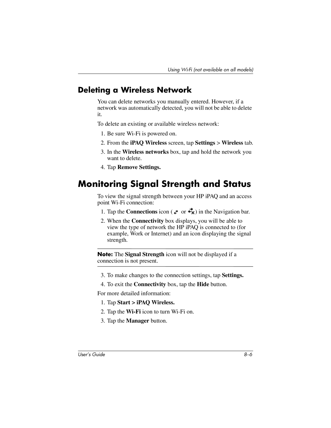 HP HX2000 Monitoring Signal Strength and Status, Deleting a Wireless Network, Tap Remove Settings, Tap Start iPAQ Wireless 