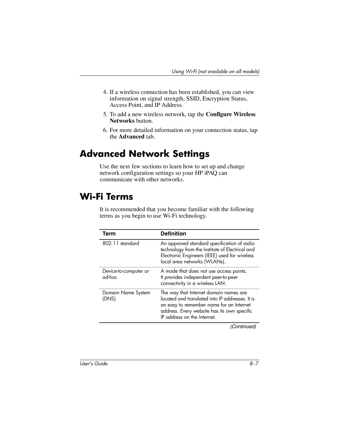 HP HX2000 manual Advanced Network Settings, Wi-Fi Terms 