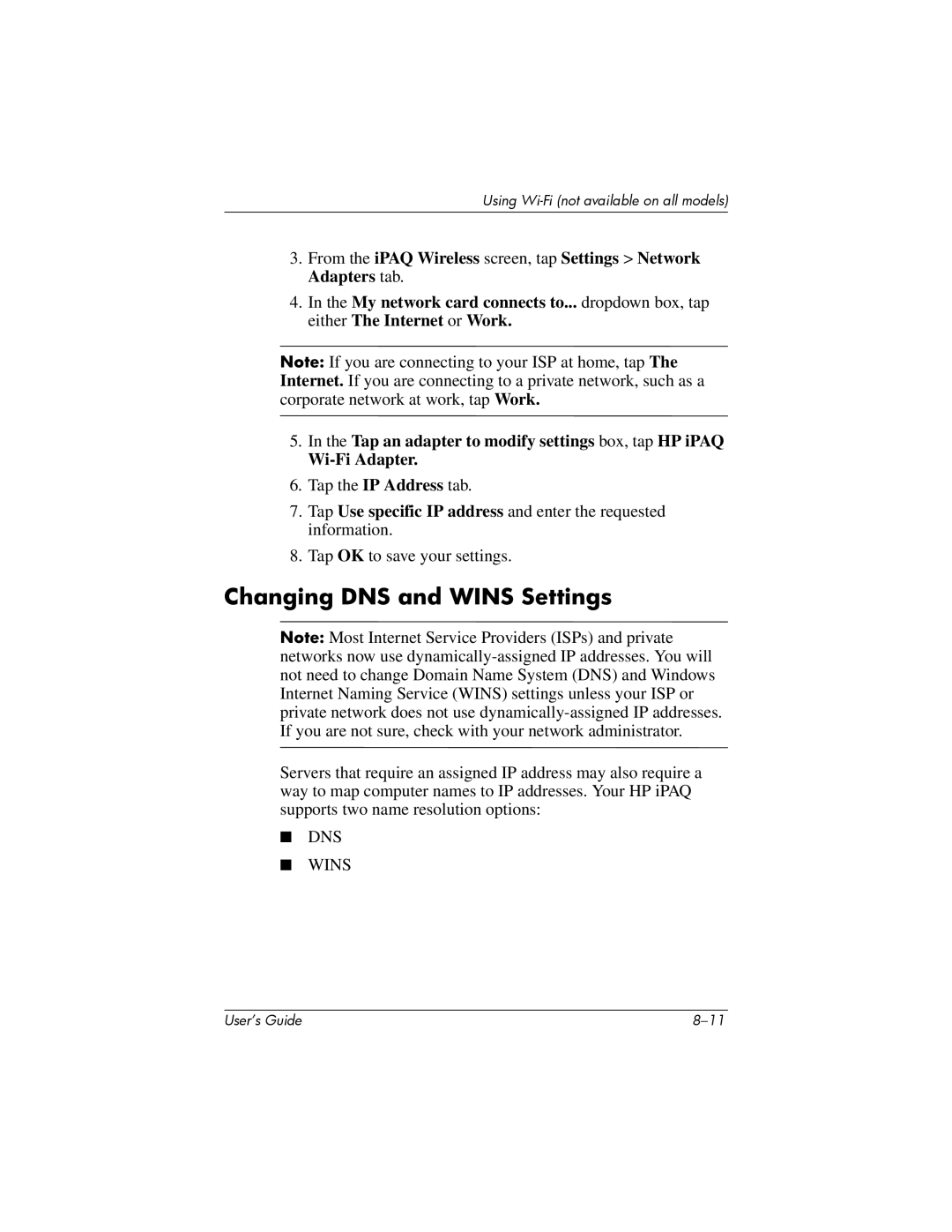 HP HX2000 manual Changing DNS and Wins Settings, DNS Wins 