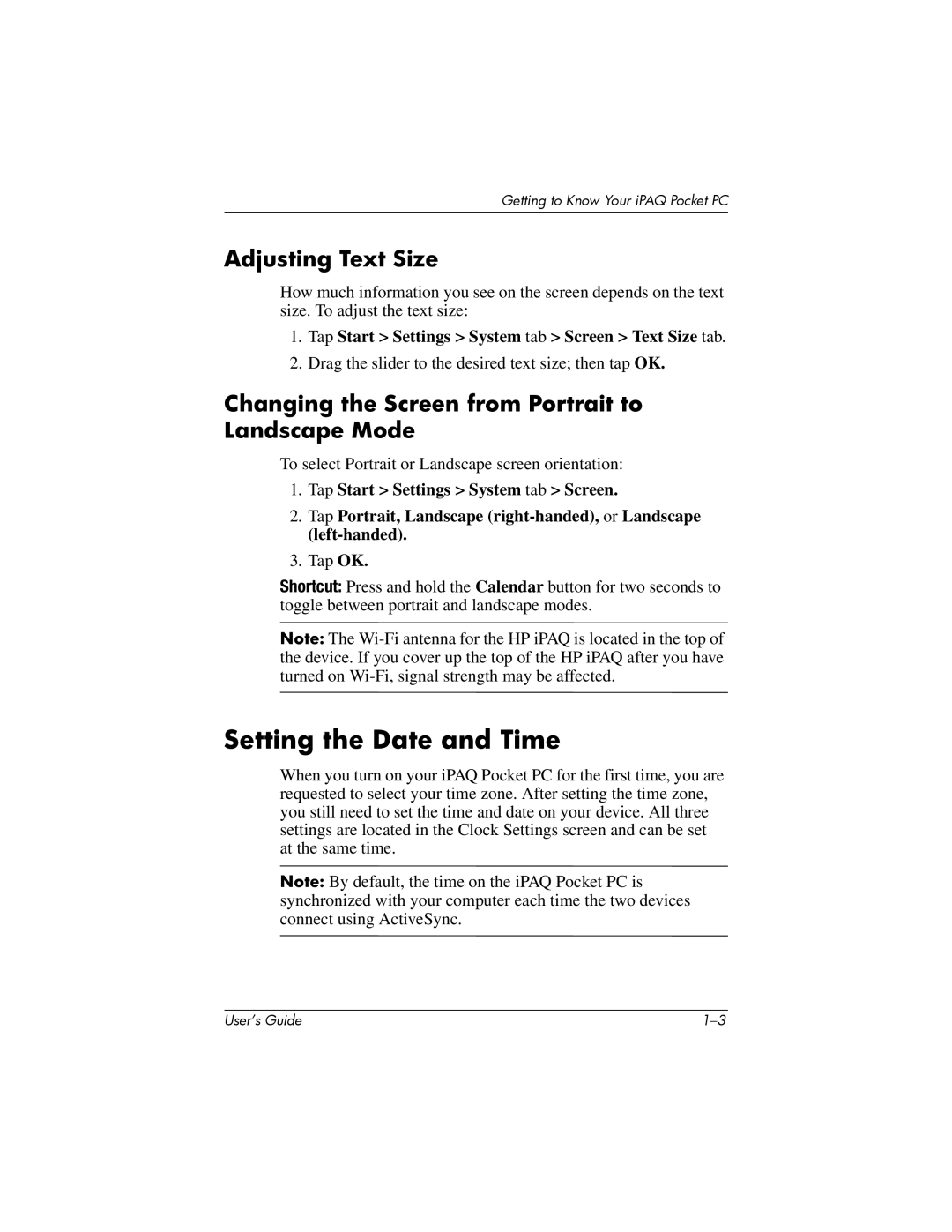 HP HX2000 manual Setting the Date and Time, Adjusting Text Size, Changing the Screen from Portrait to Landscape Mode 