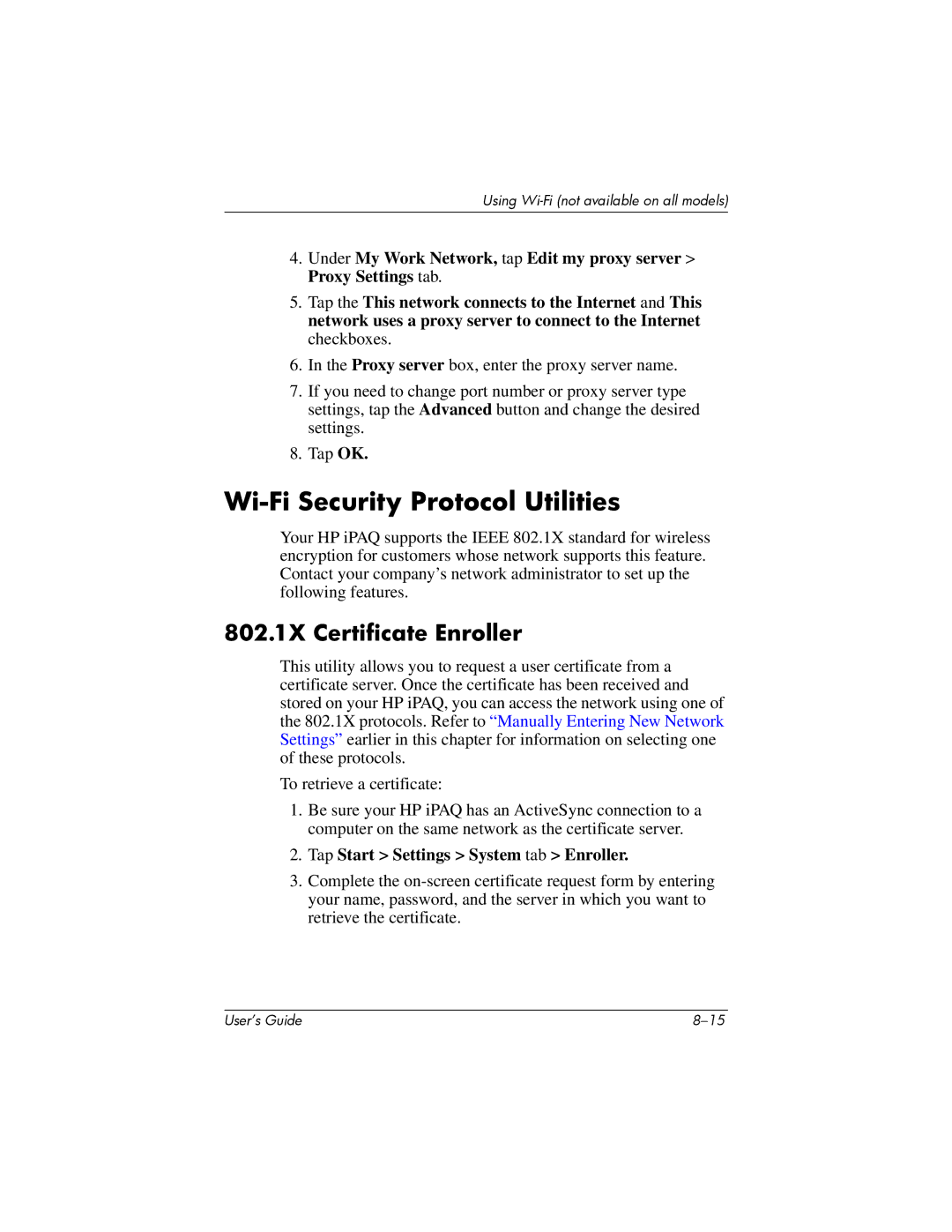 HP HX2000 manual Wi-Fi Security Protocol Utilities, 802.1X Certificate Enroller, Tap Start Settings System tab Enroller 