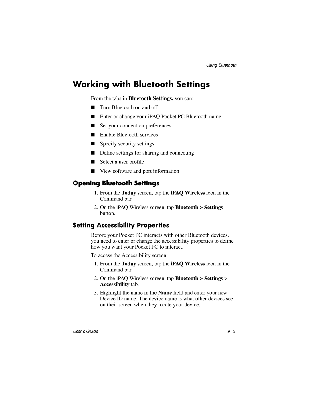 HP HX2000 manual Working with Bluetooth Settings, Opening Bluetooth Settings, Setting Accessibility Properties 