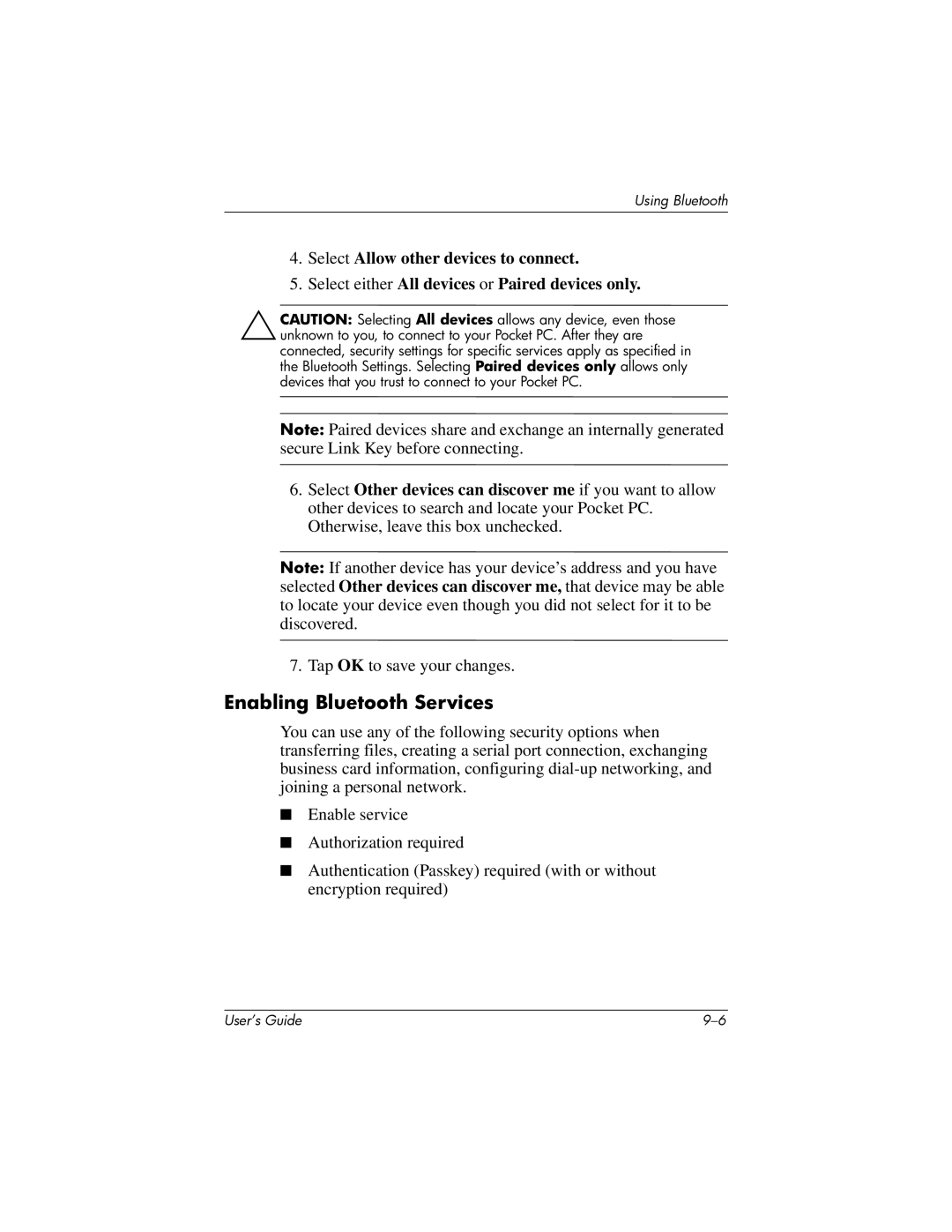 HP HX2000 manual Enabling Bluetooth Services 