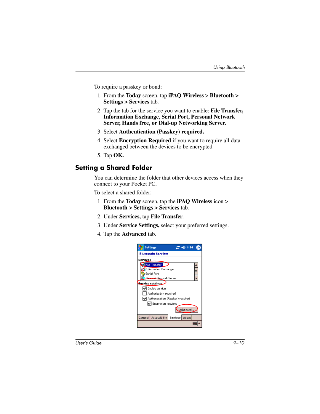 HP HX2000 manual Setting a Shared Folder, Select Authentication Passkey required, Under Services, tap File Transfer 