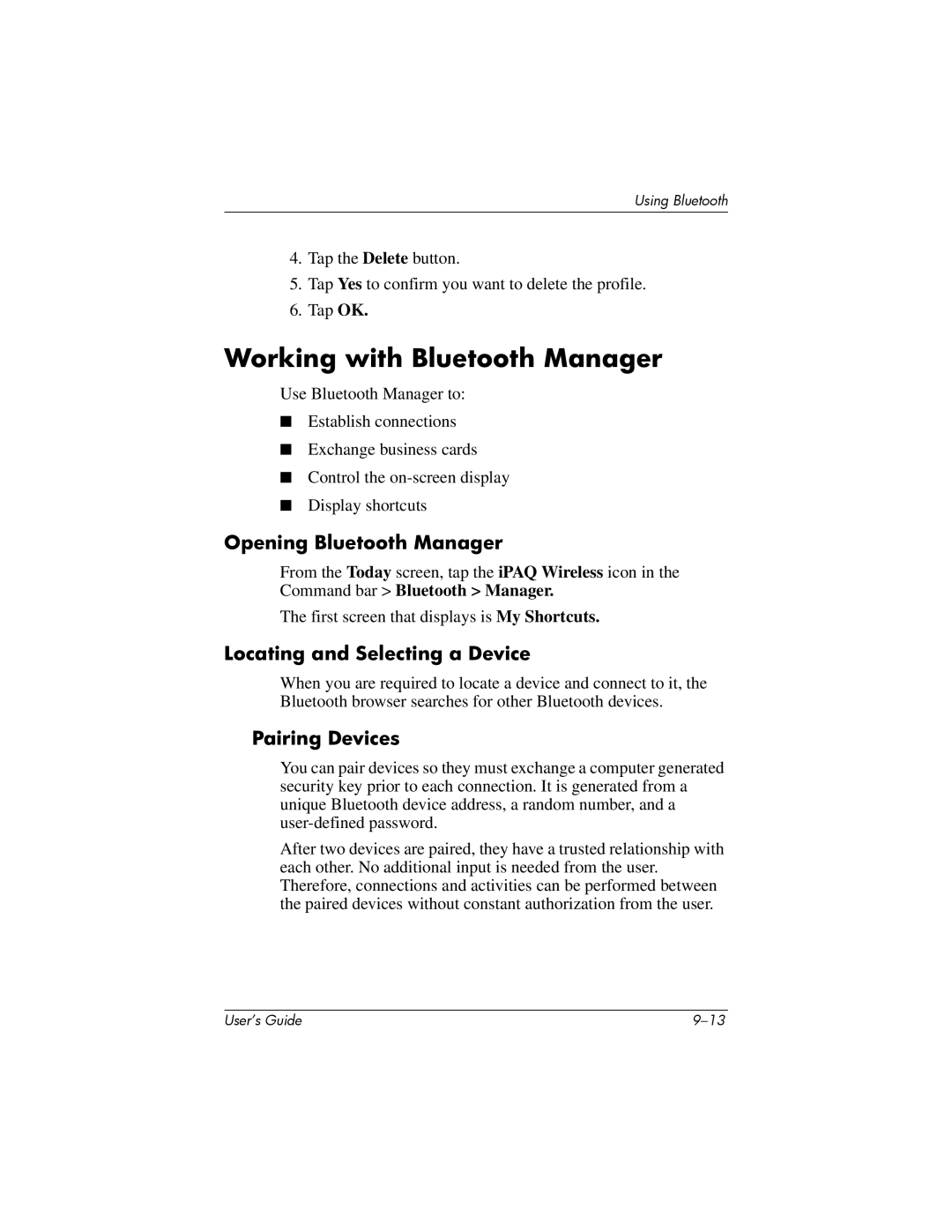 HP HX2000 Working with Bluetooth Manager, Opening Bluetooth Manager, Locating and Selecting a Device, Pairing Devices 