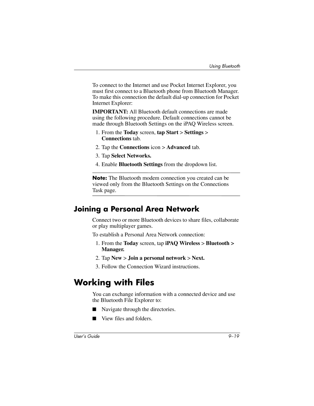 HP HX2000 manual Working with Files, Joining a Personal Area Network 