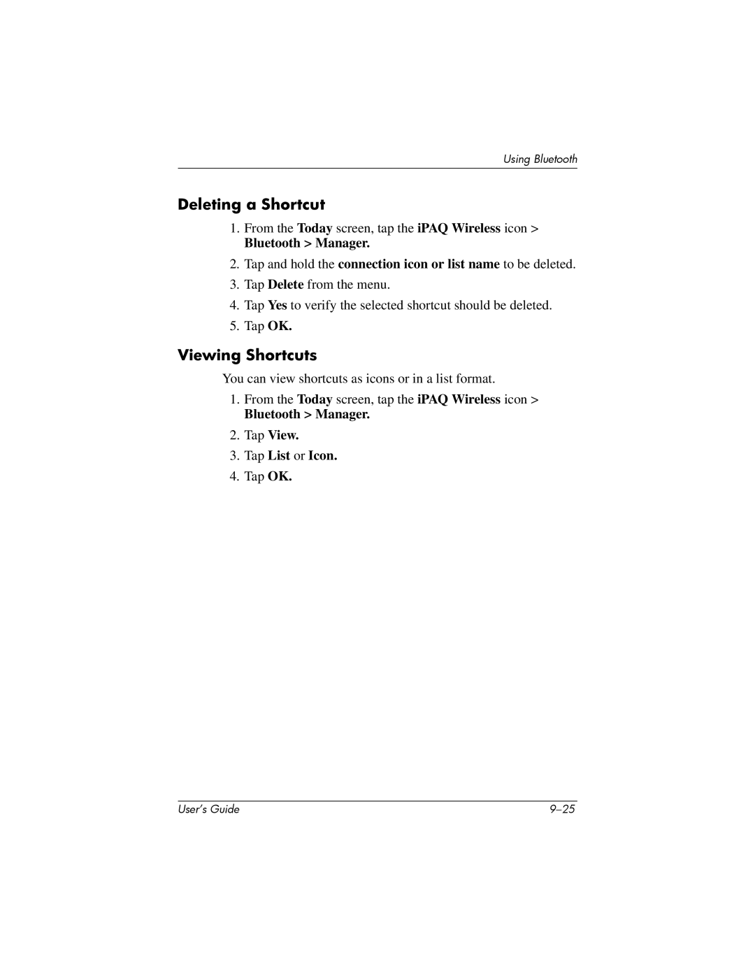 HP HX2000 manual Deleting a Shortcut, Viewing Shortcuts, Bluetooth Manager Tap View Tap List or Icon 