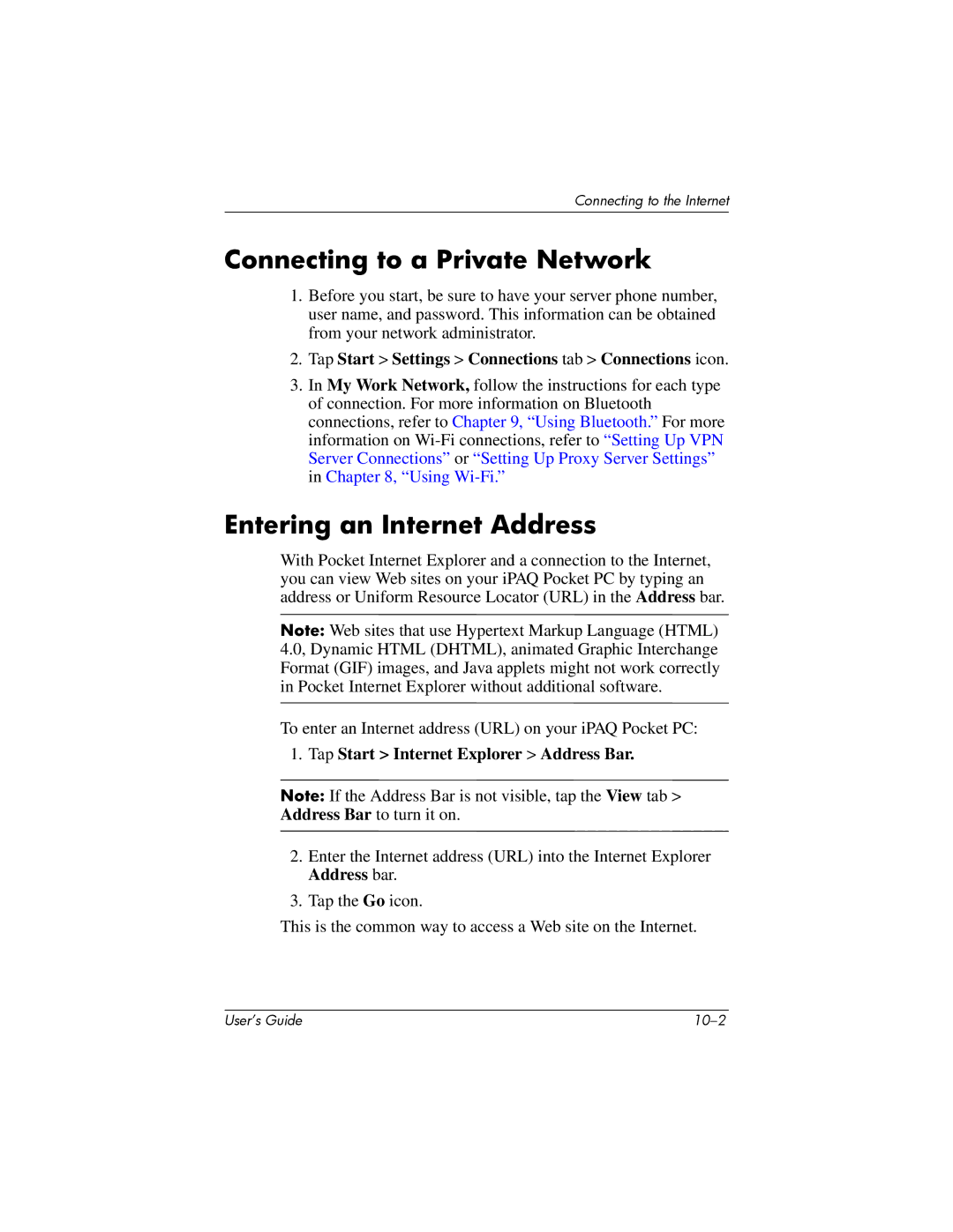 HP HX2000 manual Connecting to a Private Network, Entering an Internet Address, Tap Start Internet Explorer Address Bar 