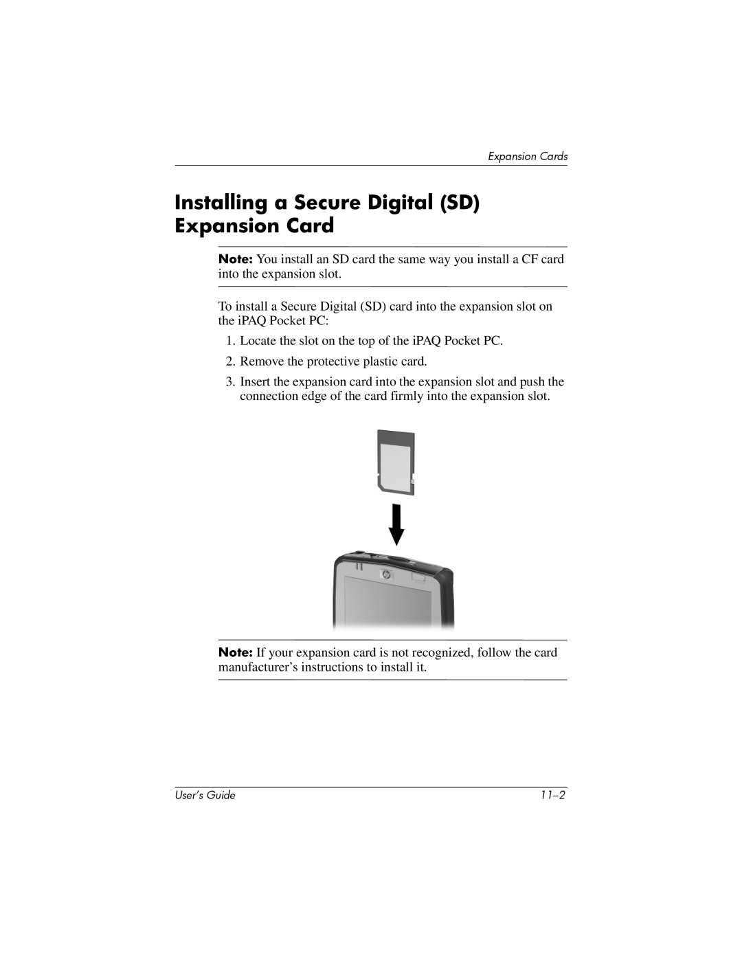 HP HX2000 manual Installing a Secure Digital SD Expansion Card 