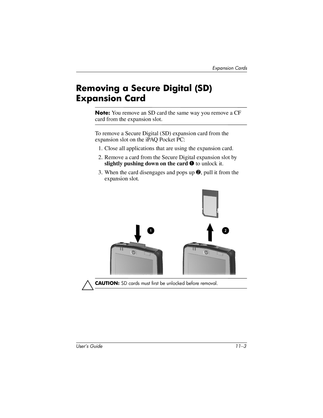 HP HX2000 manual Removing a Secure Digital SD Expansion Card 