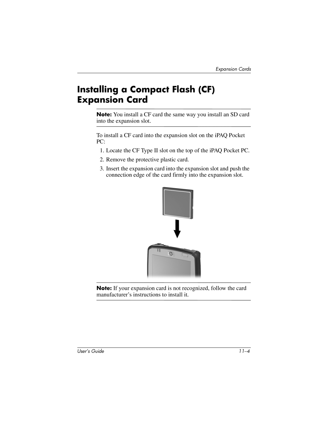 HP HX2000 manual Installing a Compact Flash CF Expansion Card 