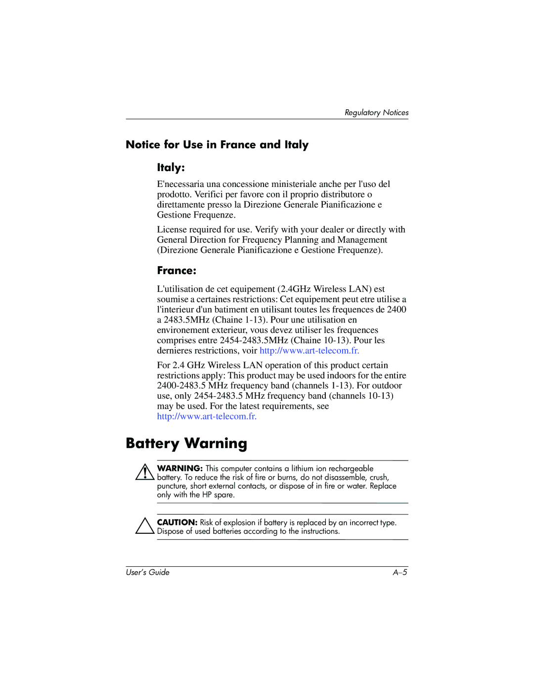 HP HX2000 manual Battery Warning, Italy, France 