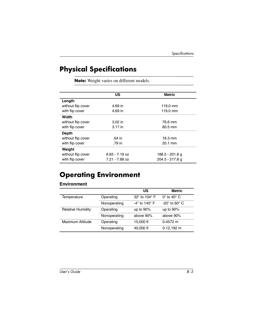 HP HX2000 manual Physical Specifications, Operating Environment 