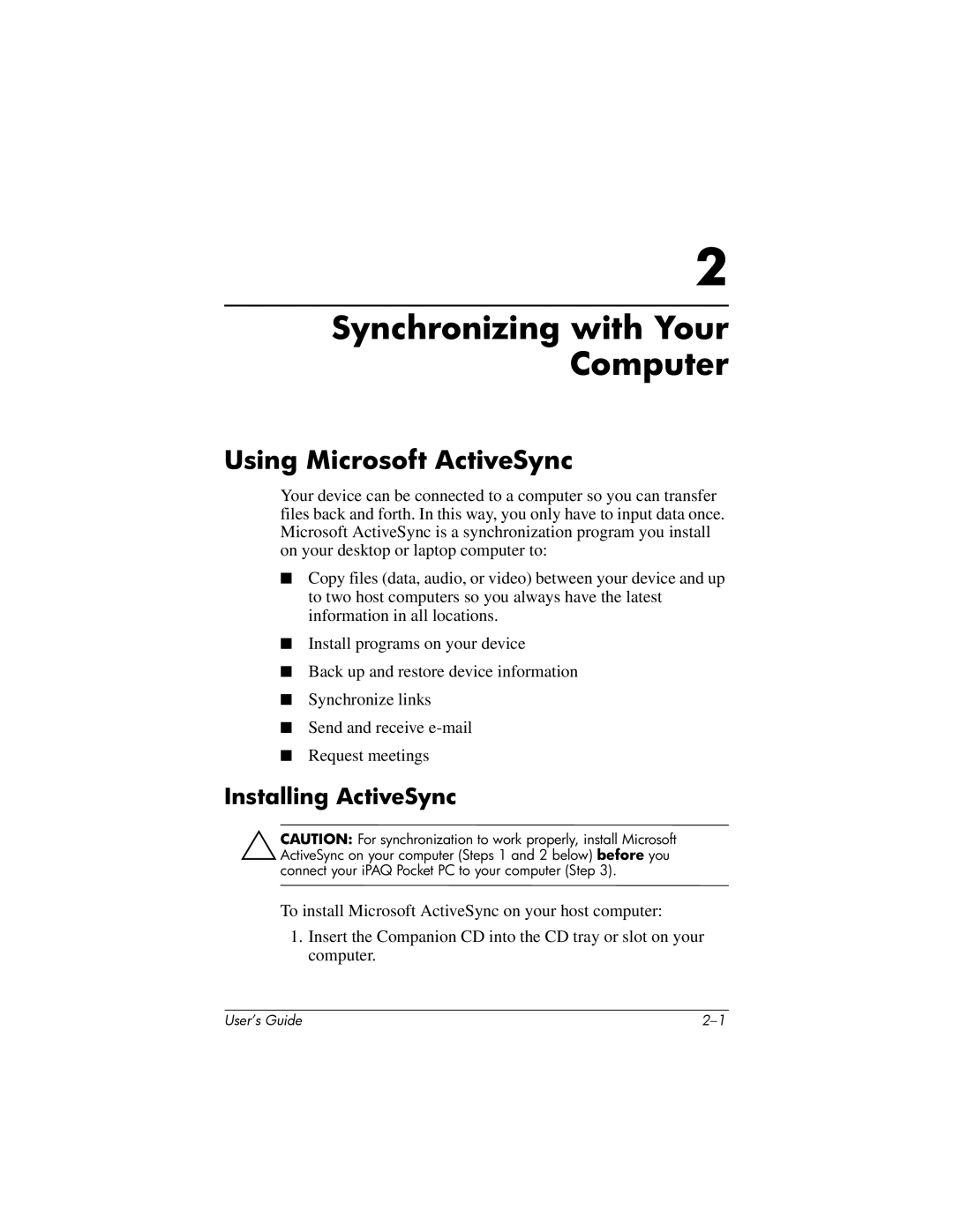 HP HX2000 manual Synchronizing with Your Computer, Using Microsoft ActiveSync, Installing ActiveSync 